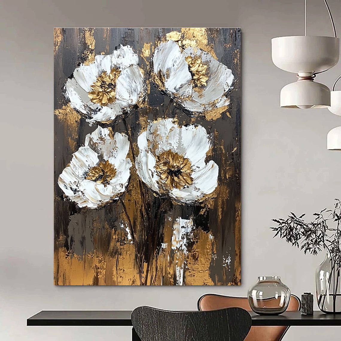 Large abstract painting featuring textured white and gold flowers on a dark brown background with vintage-style brush strokes and rich emotional depth.STSC834