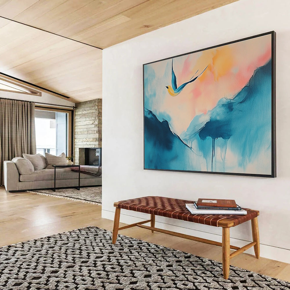Large abstract painting of a serene island with soft blue pink hues and a joyful yellow bird above, evoking freedom and life's journey.SC554