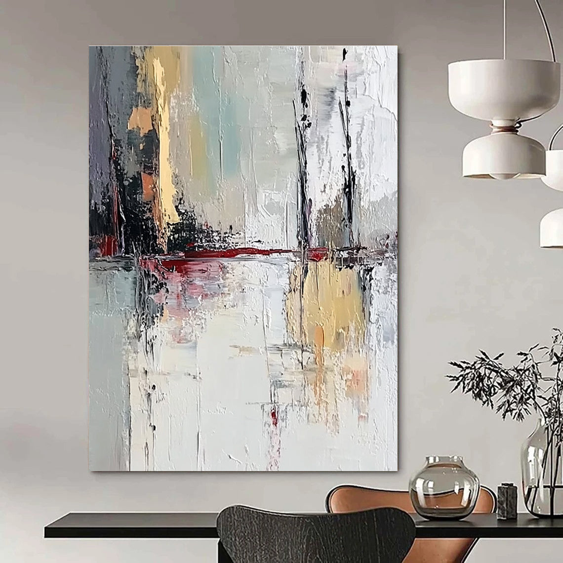 Large abstract painting featuring muted white and grey colors showcasing a lake reflection with thick brush strokes on textured canvas.STSC601