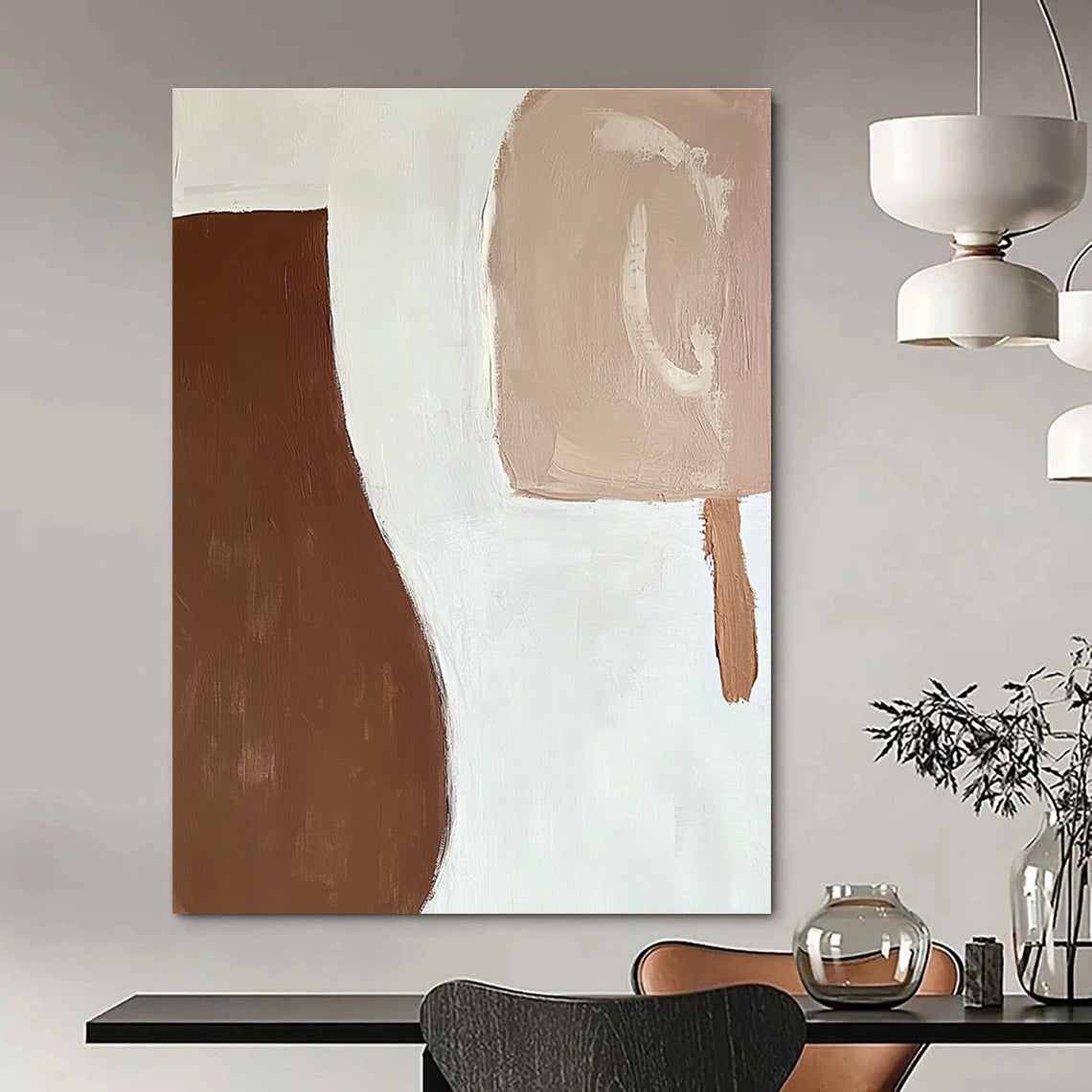 Large abstract painting featuring organic brown and white shapes with fluid brush strokes creating a calm serene atmosphere against a plain white background.STSC694