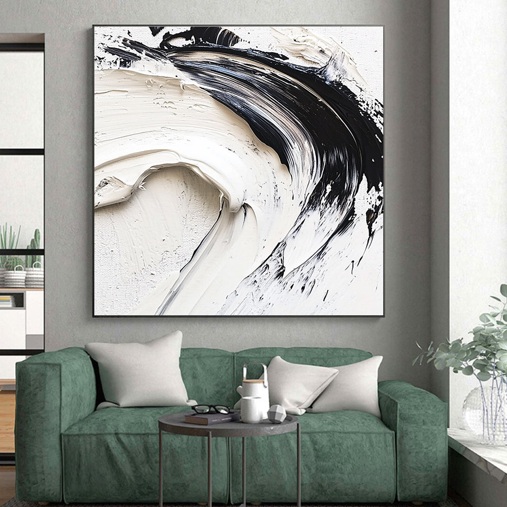 Black White Abstract Painting with Textured Swirls GER737
