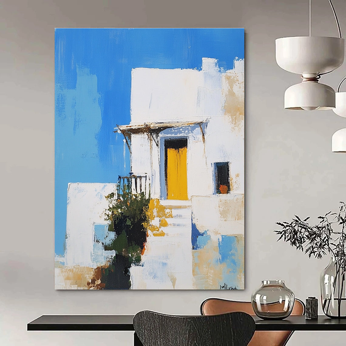An abstract painting featuring a white Greek-style house with a yellow door against a blue sky inspired by Peter Wileman.STSC1253