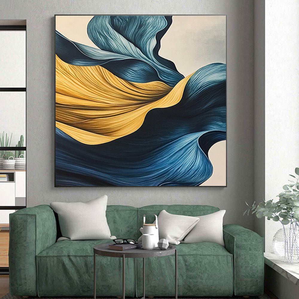 Blue and Yellow Flowing Abstract Painting with Smooth Curves GER049