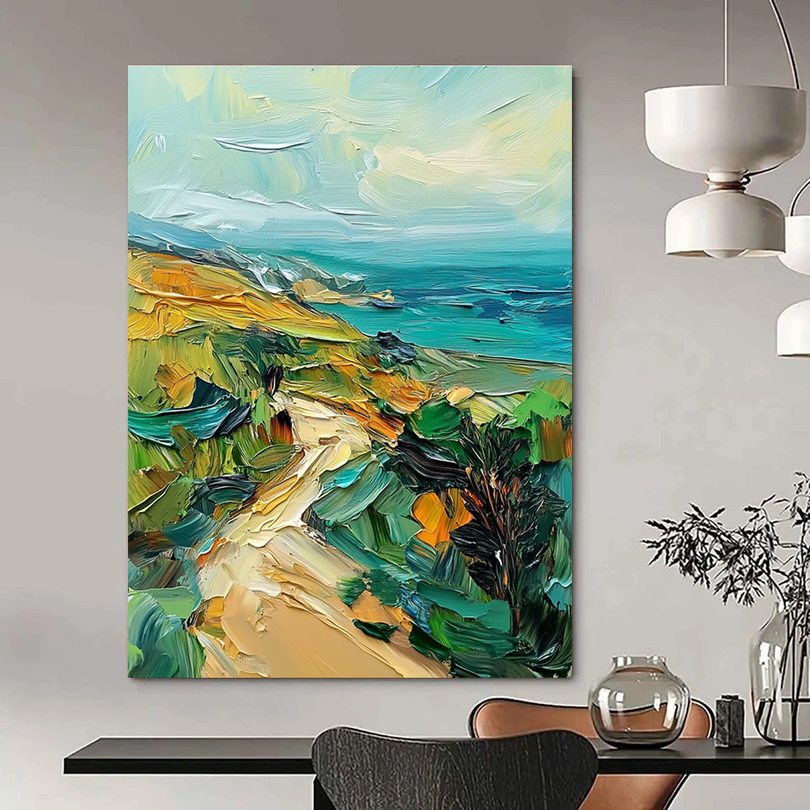 Large abstract painting featuring green hills and teal sea using palette knife technique on canvas with rich texture and vibrant colors.STSC082