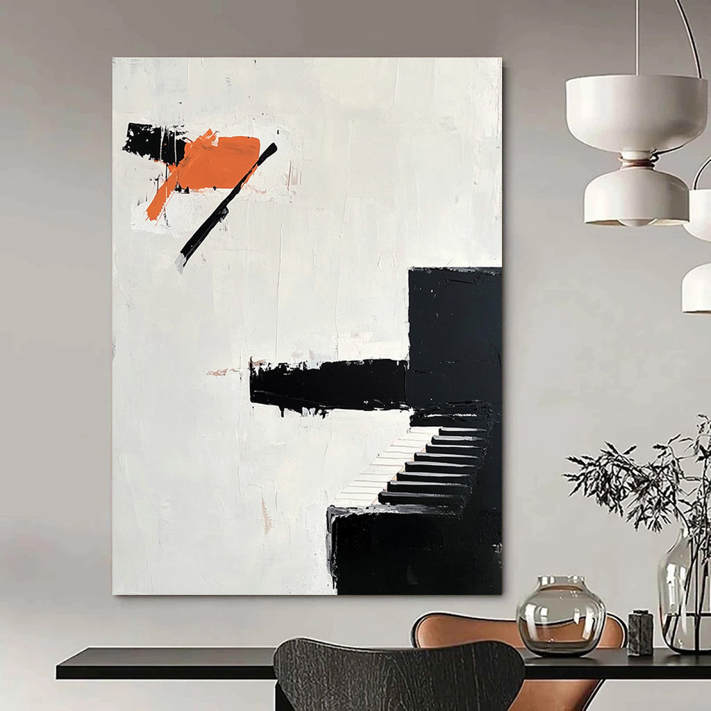 Abstract oil painting featuring bold impasto brush strokes with a minimalist design including an abstract black piano and orange shapes.STSC1089