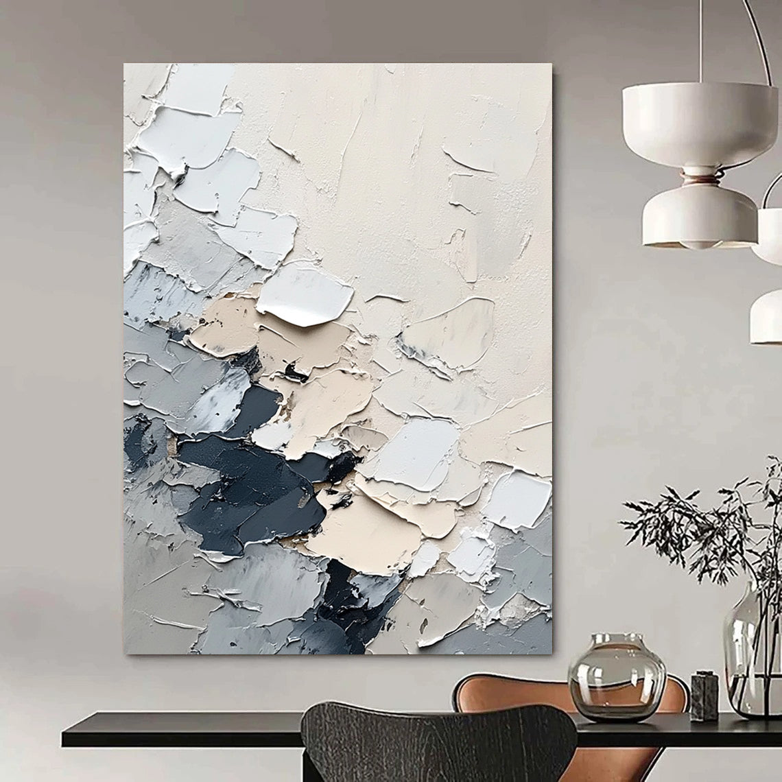 Large abstract painting of snow in grey and white with depth and texture created using a palette knife and a bird's-eye view perspective.STSC567