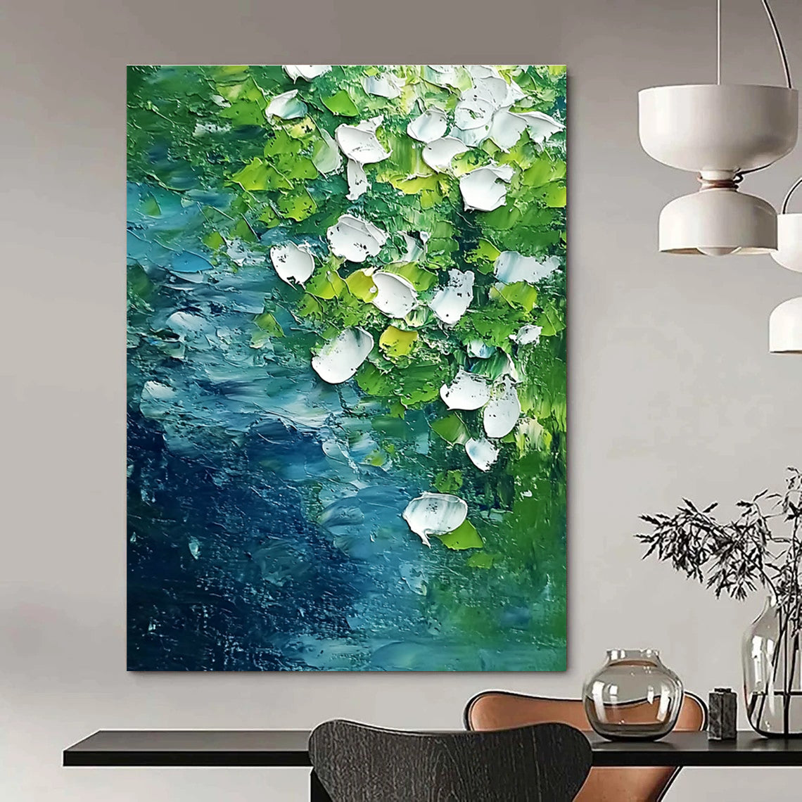 Abstract painting featuring white flowers and flowing water in vibrant green and blue tones capturing the essence of springtime on the riverbank.STSC1477