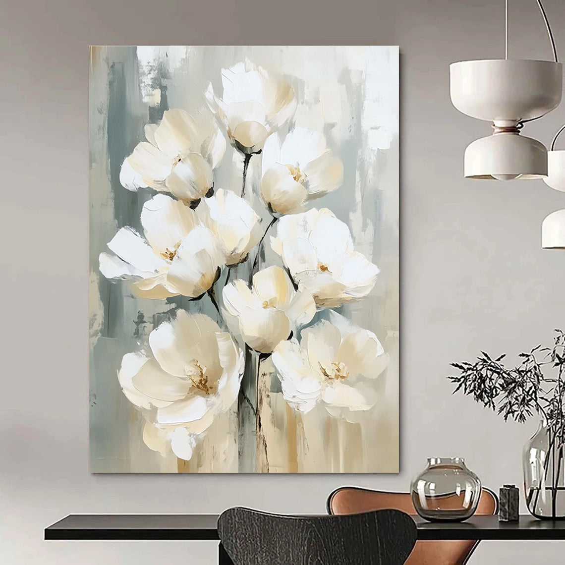 Large abstract painting with white flowers in delicate brushstrokes beige and gray palette textured surface and soft edges creating depth and elegance.STSC1475