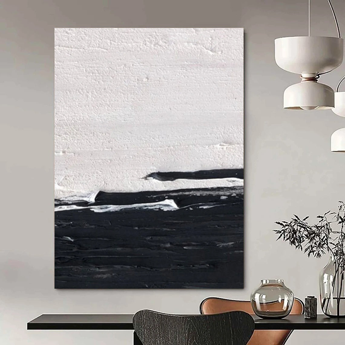 Black and White Horizontal Textured Abstract Painting ADGE402