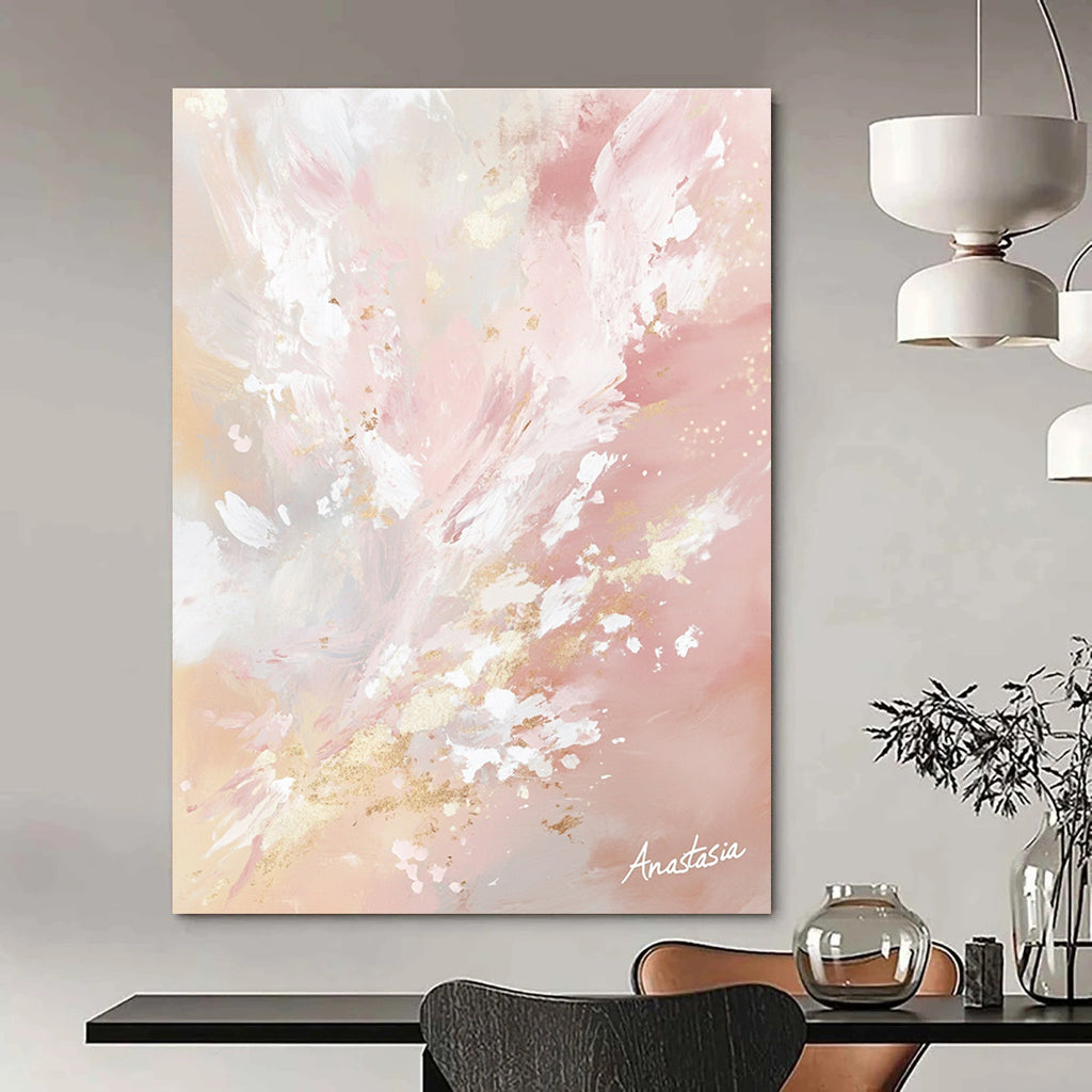 Large abstract painting in pastel pinks and whites with golden accents capturing nature's beauty and light in a serene atmosphere signed by Anastasia.STSC1201