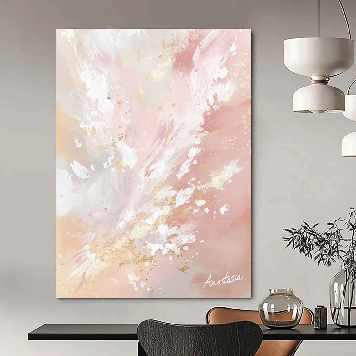 Large abstract painting in pastel pinks and whites with golden accents capturing nature's beauty and light in a serene atmosphere signed by Anastasia.STSC1201