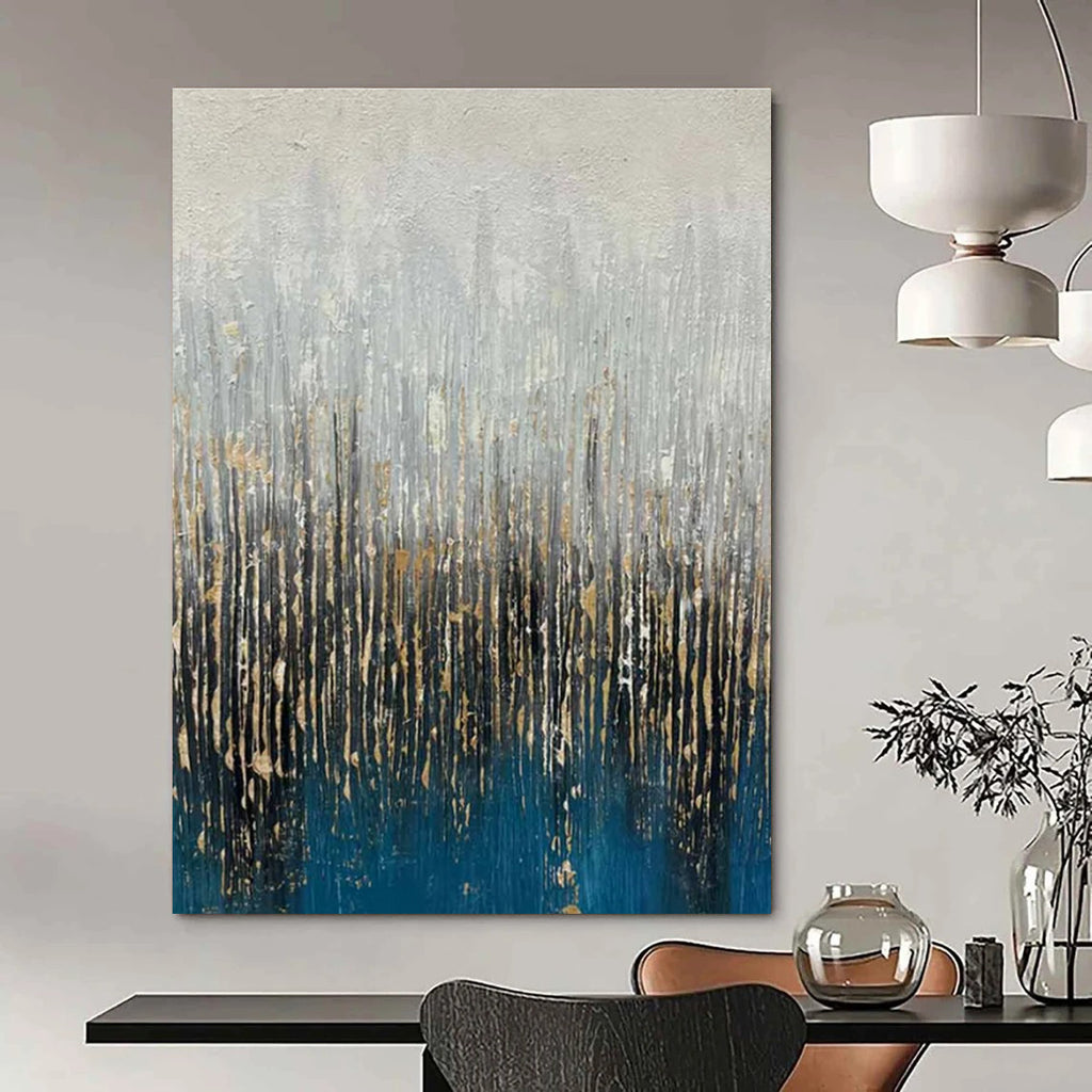 Blue, Gray, and Gold Textured Abstract Painting with Vertical Elements ADGE406