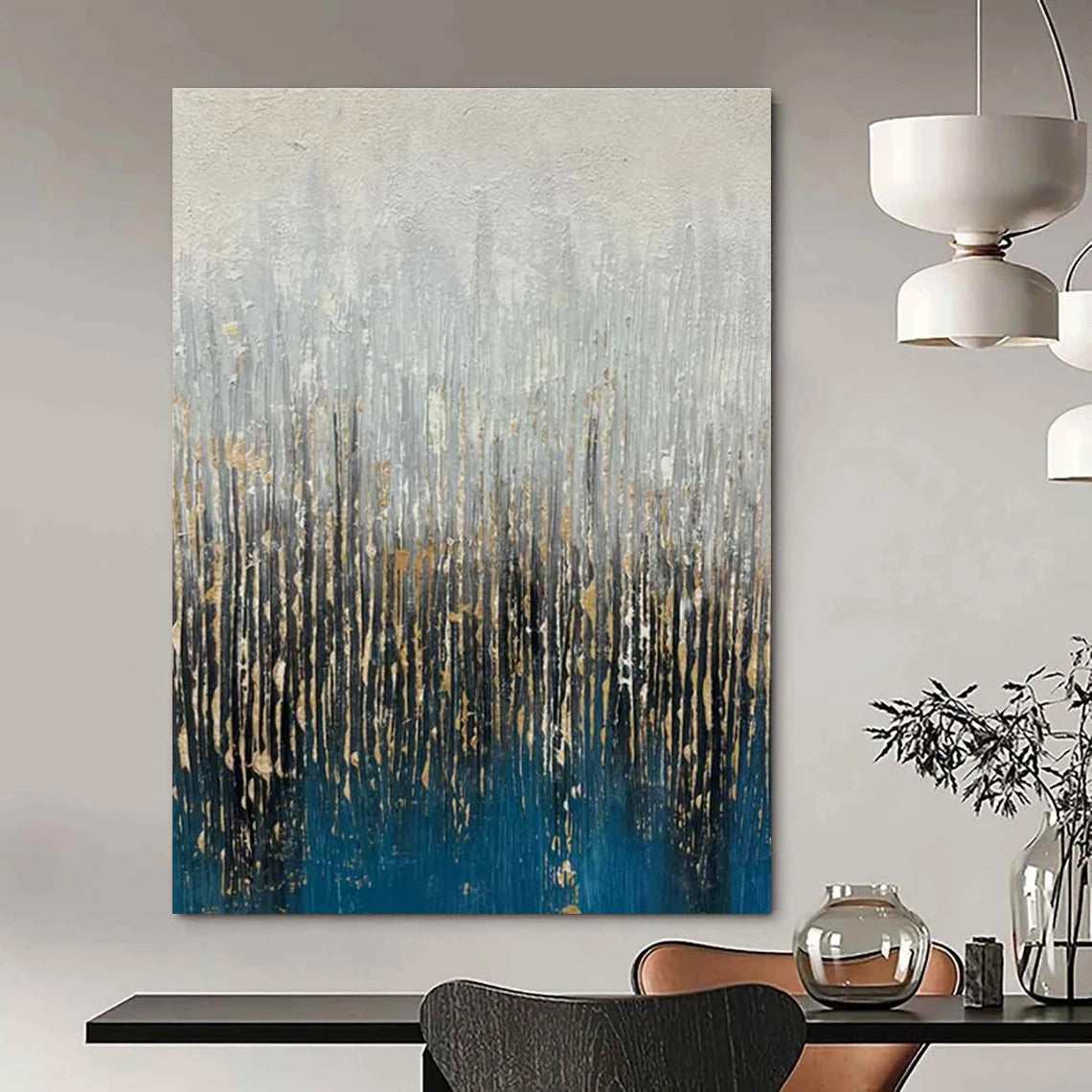Blue, Gray, and Gold Textured Abstract Painting with Vertical Elements ADGE406