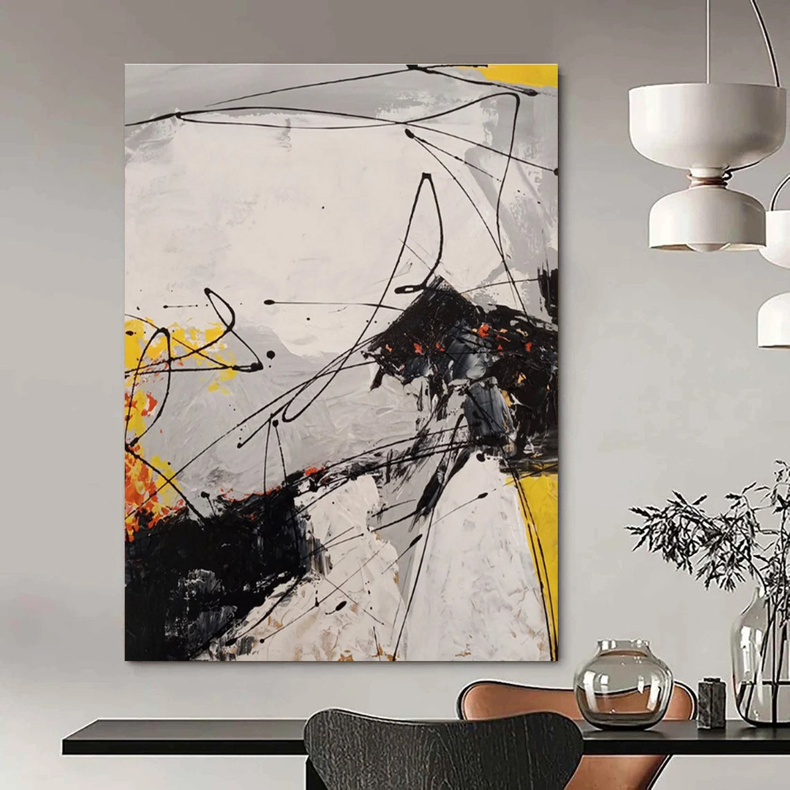 Black - line with Orange Accents Abstract Painting for Edgy Spaces ADGE054