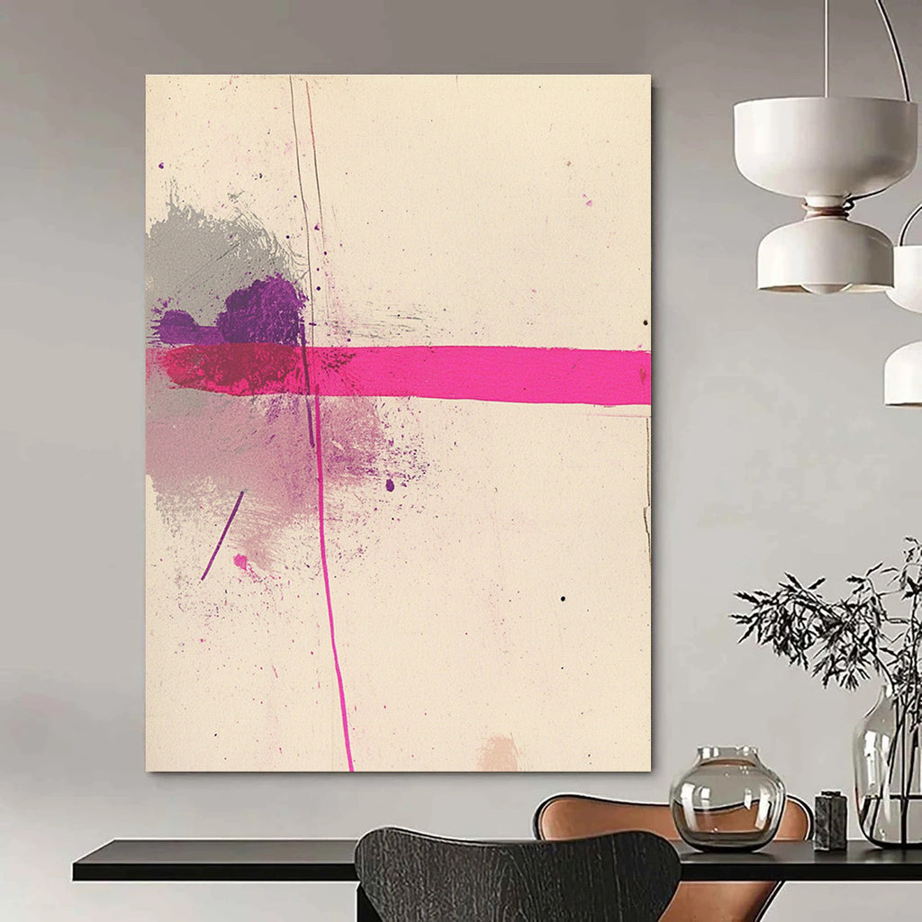 Large abstract pink line artwork on white paper accented with grey and purple for a modern artistic touch.STSC1181