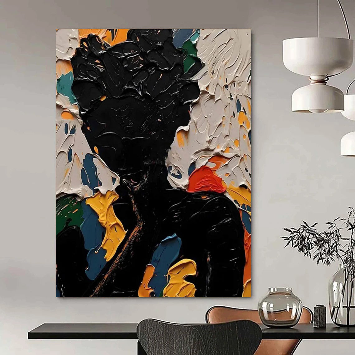 Black Figure Abstract Painting with Colorful Background Textures ADGE308