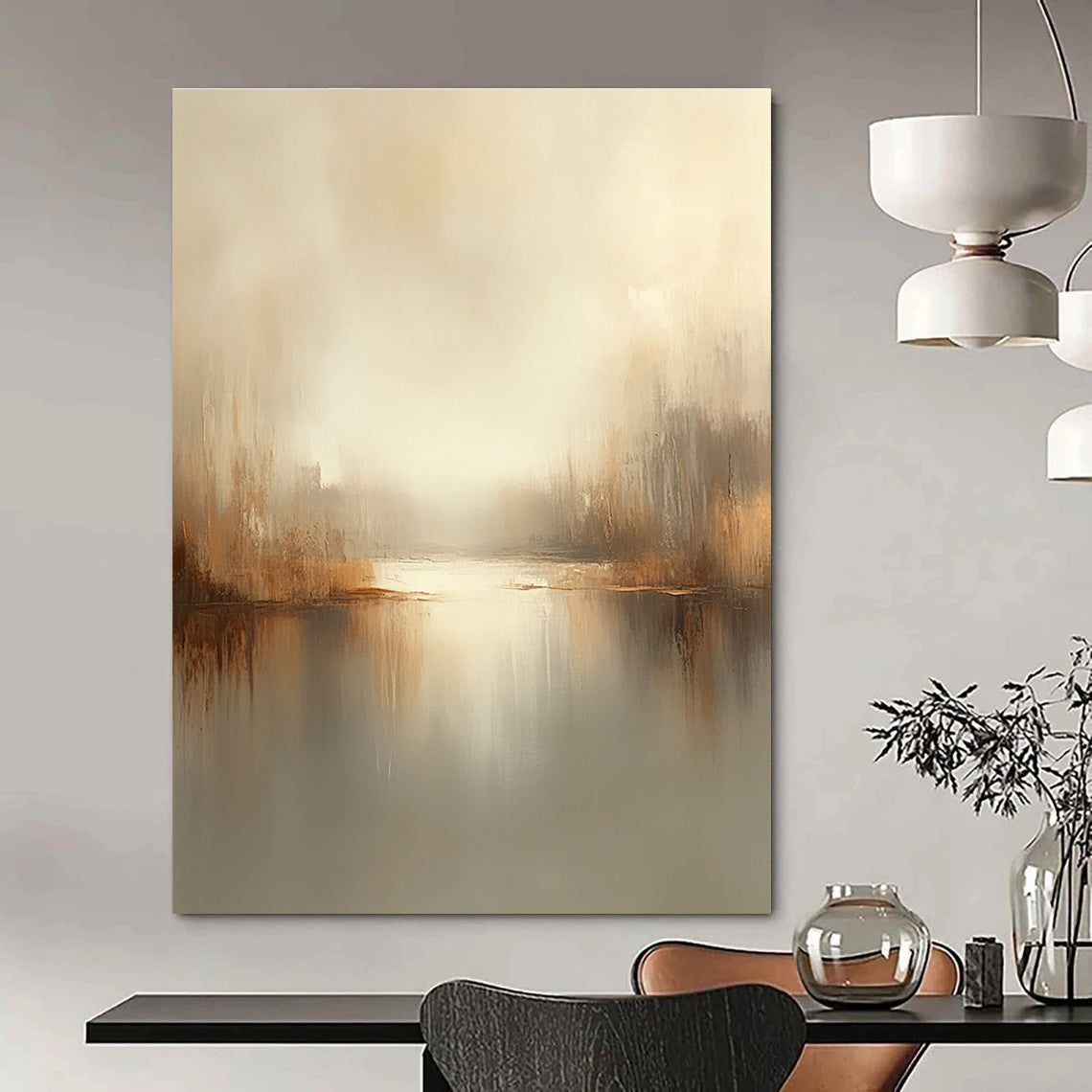 Large abstract painting in soft beige and gray tones with blurred edges and tranquil mood creates a serene atmosphere for modern art lovers.STSC102