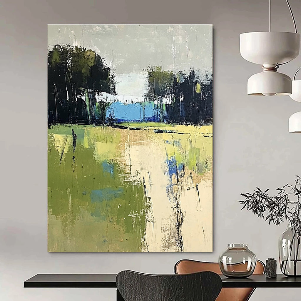 Large abstract painting featuring green and blue fields with distant trees in beige and dark gray tones on a textured canvas.STSC186