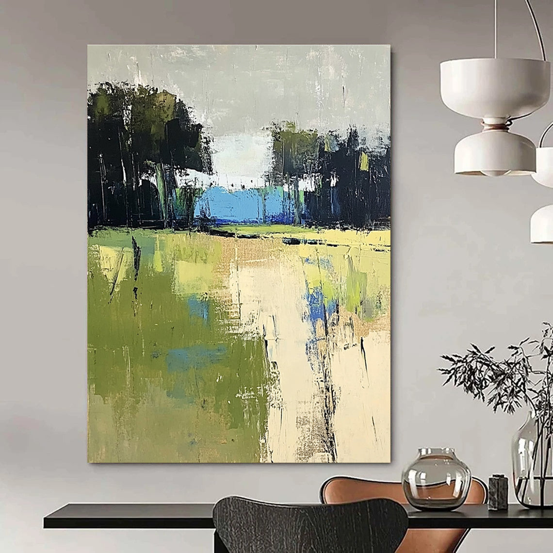 Large abstract painting featuring green and blue fields with distant trees in beige and dark gray tones on a textured canvas.STSC186