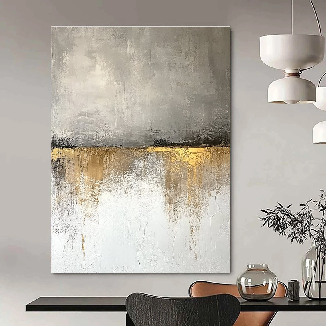 Large abstract painting featuring beige and gray tones with textured wall, golden accents, and a neutral color palette reflecting nature's beauty.STSC410