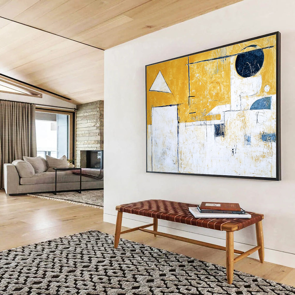 Geometric Abstract Painting with Yellow White and Blue Tones DYP550