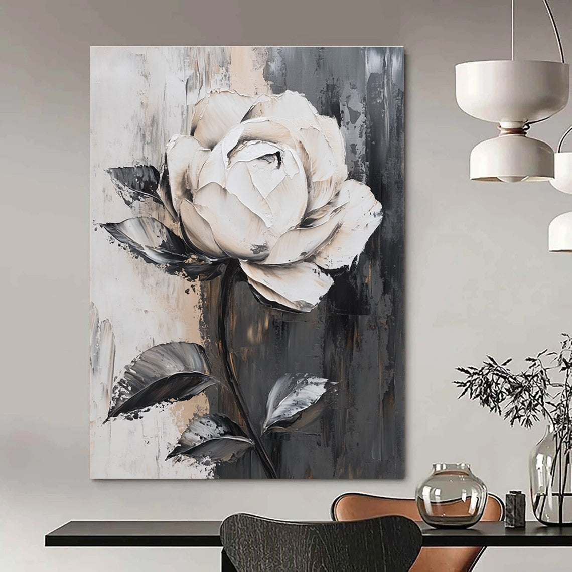 Large abstract white rose painting with exquisite details on gray background featuring elegant lines and stunning light effects in luxurious colors.STSC522