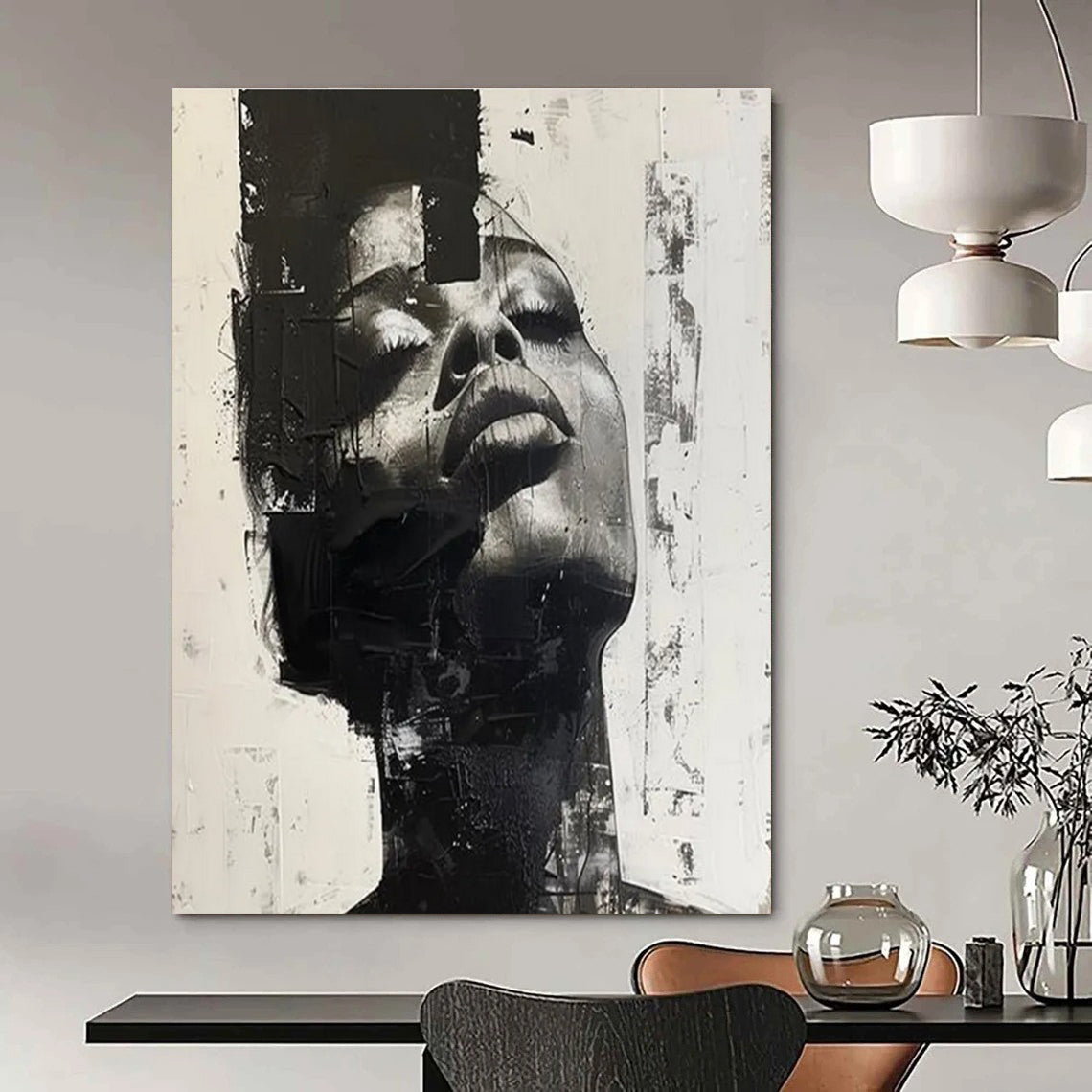Black and White Textured Portrait Abstract Painting ADGE139