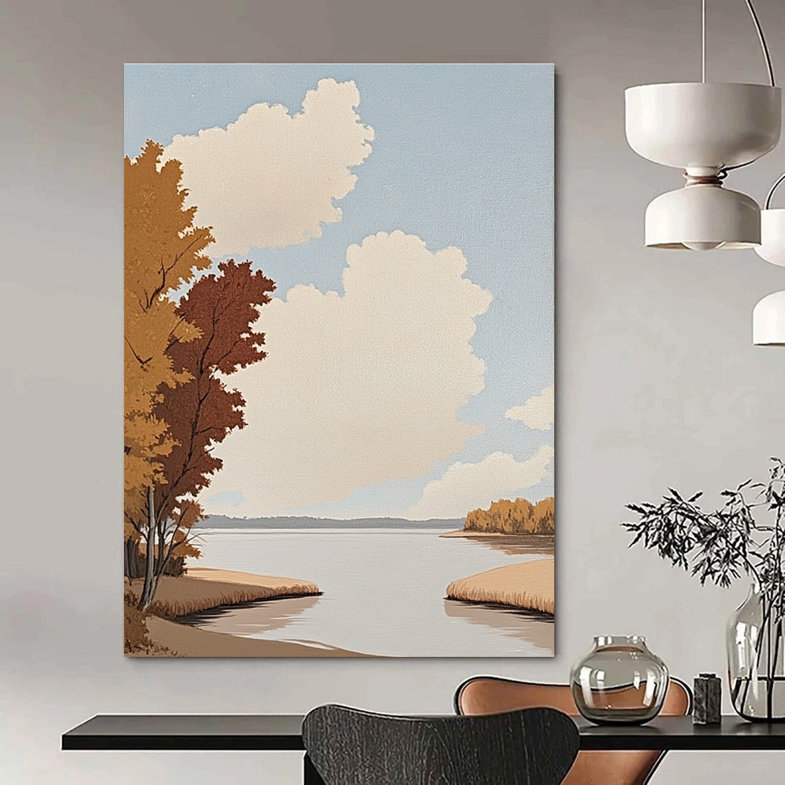 Abstract painting of a riverbank with trees autumn red leaves and a vast lake minimalistic oil style flat illustrations.STSC1020