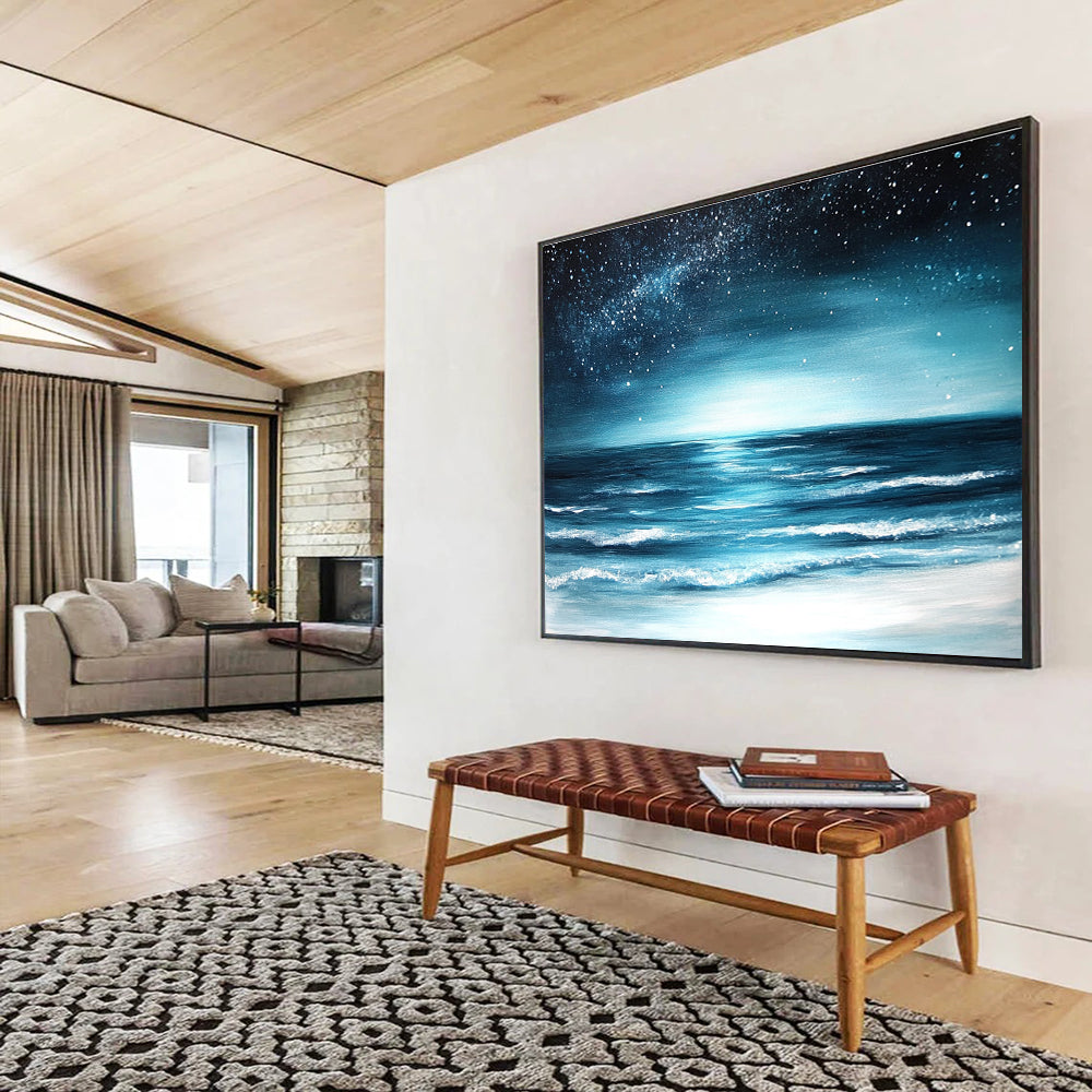 Starry Sea Abstract Painting with Deep Blue and Silver Tones DYP554