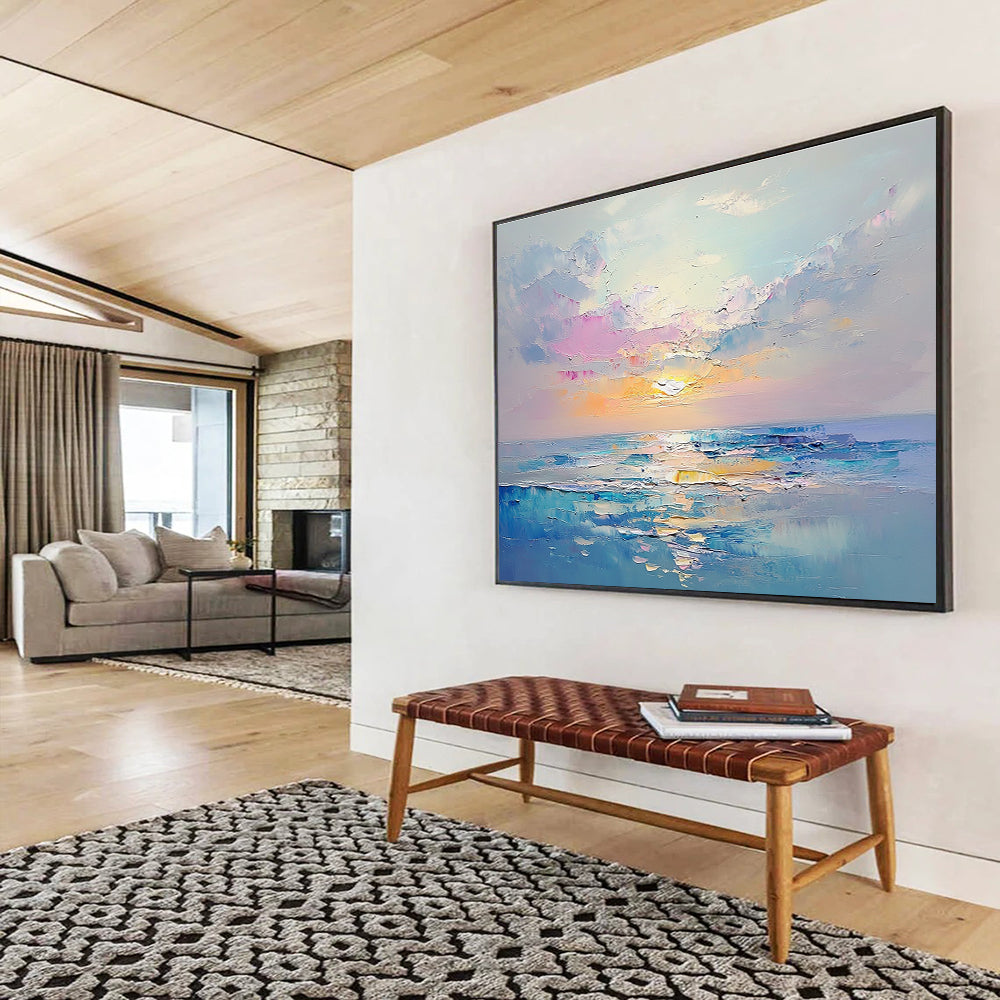 A large abstract painting capturing a tranquil sea at sunrise with pastel colors and detailed brush strokes creating a dreamy ocean landscape.SC418