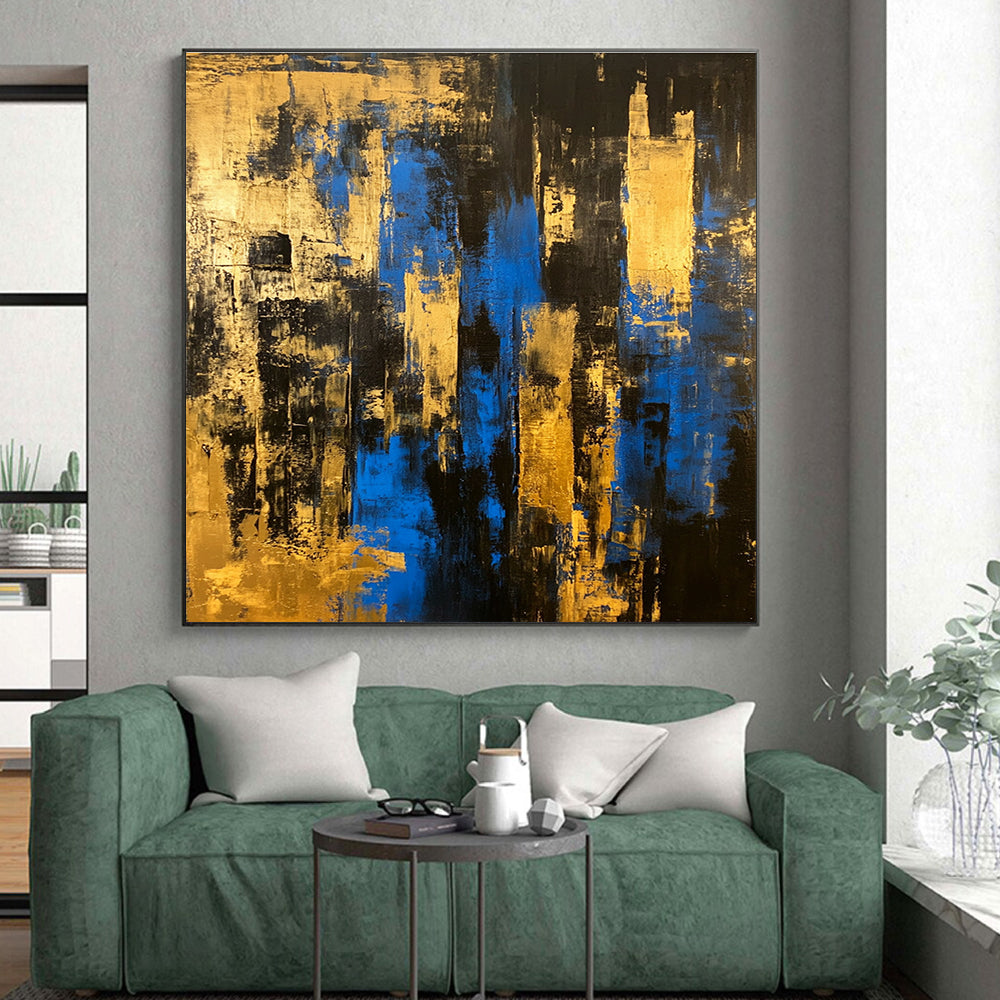 Black Gold and Blue Abstract Painting with Urban Edges GER397