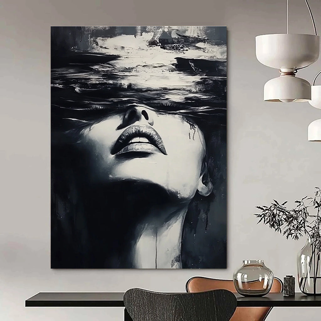 A large abstract painting of a woman's face emerging from water in dynamic black and white brushstrokes inspired by Yoji Shinkawa and Dominik Mayer.STSC1385