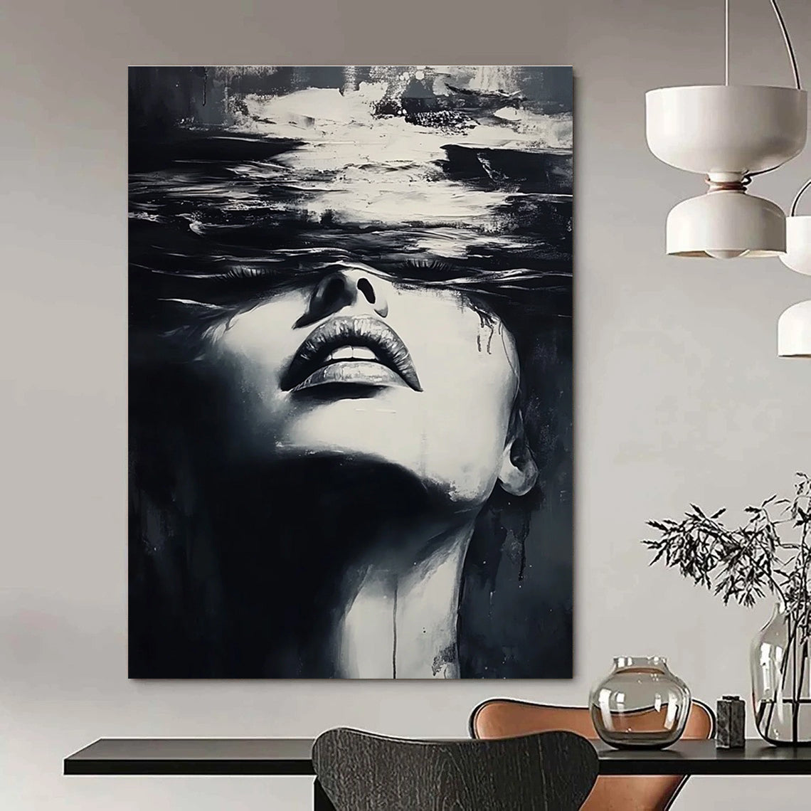 A large abstract painting of a woman's face emerging from water in dynamic black and white brushstrokes inspired by Yoji Shinkawa and Dominik Mayer.STSC1385
