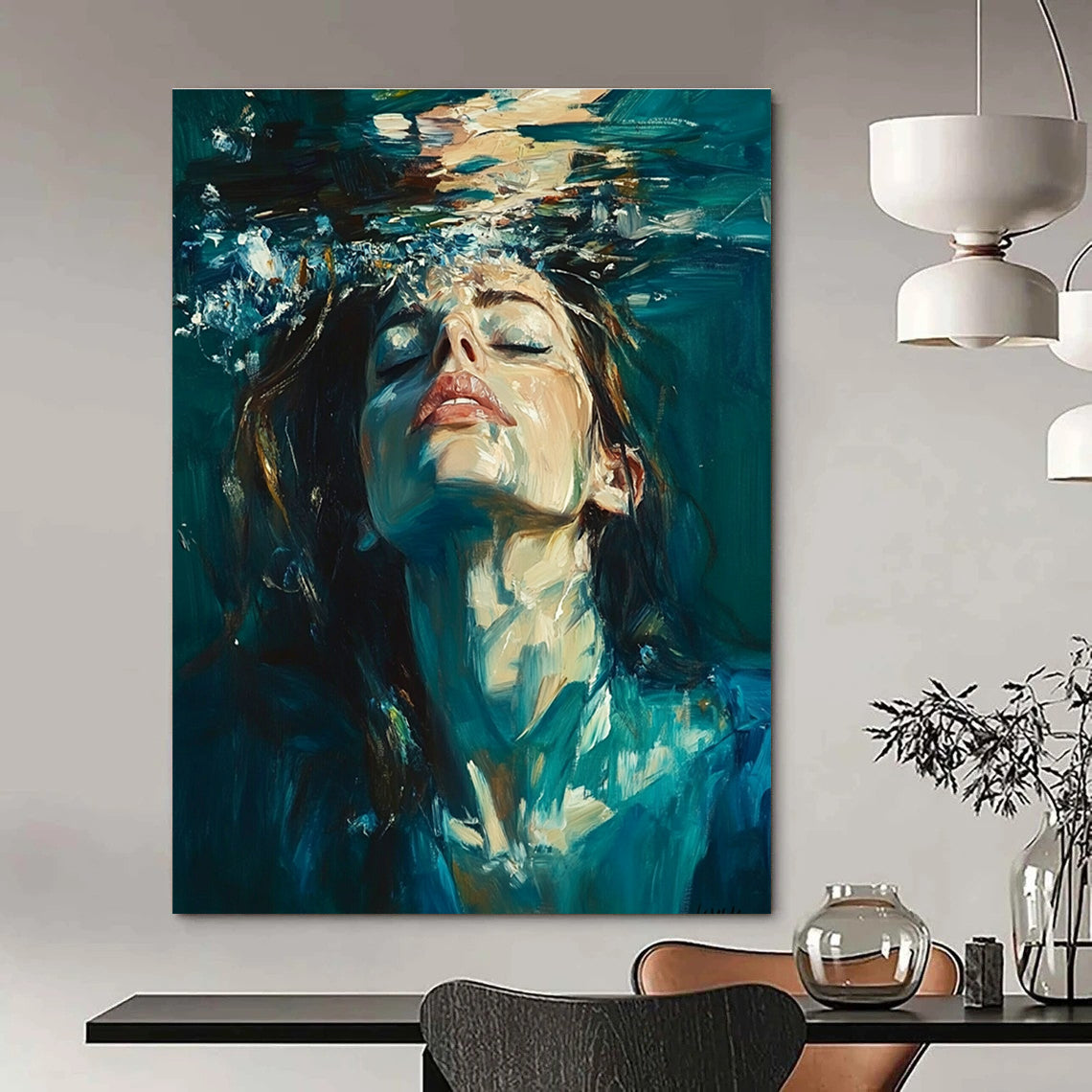 Abstract oil painting of a woman underwater with long hair and a blue-green attire against a dark teal background.STSC179