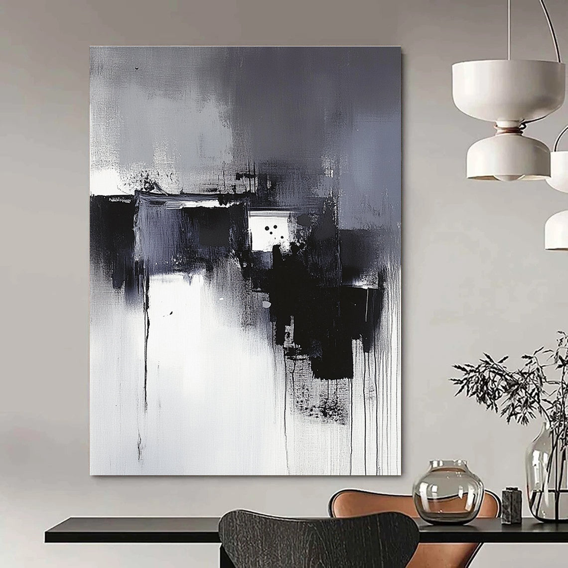 Large abstract painting in black and white with a neutral background inspired by Wu Guanzhong's artistic style.STSC617