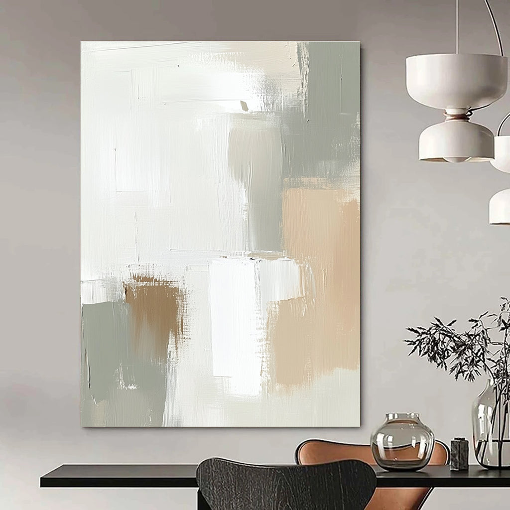 Large abstract painting in soft tones of white and beige featuring soft strokes and neutral shapes that blend harmoniously.STSC379