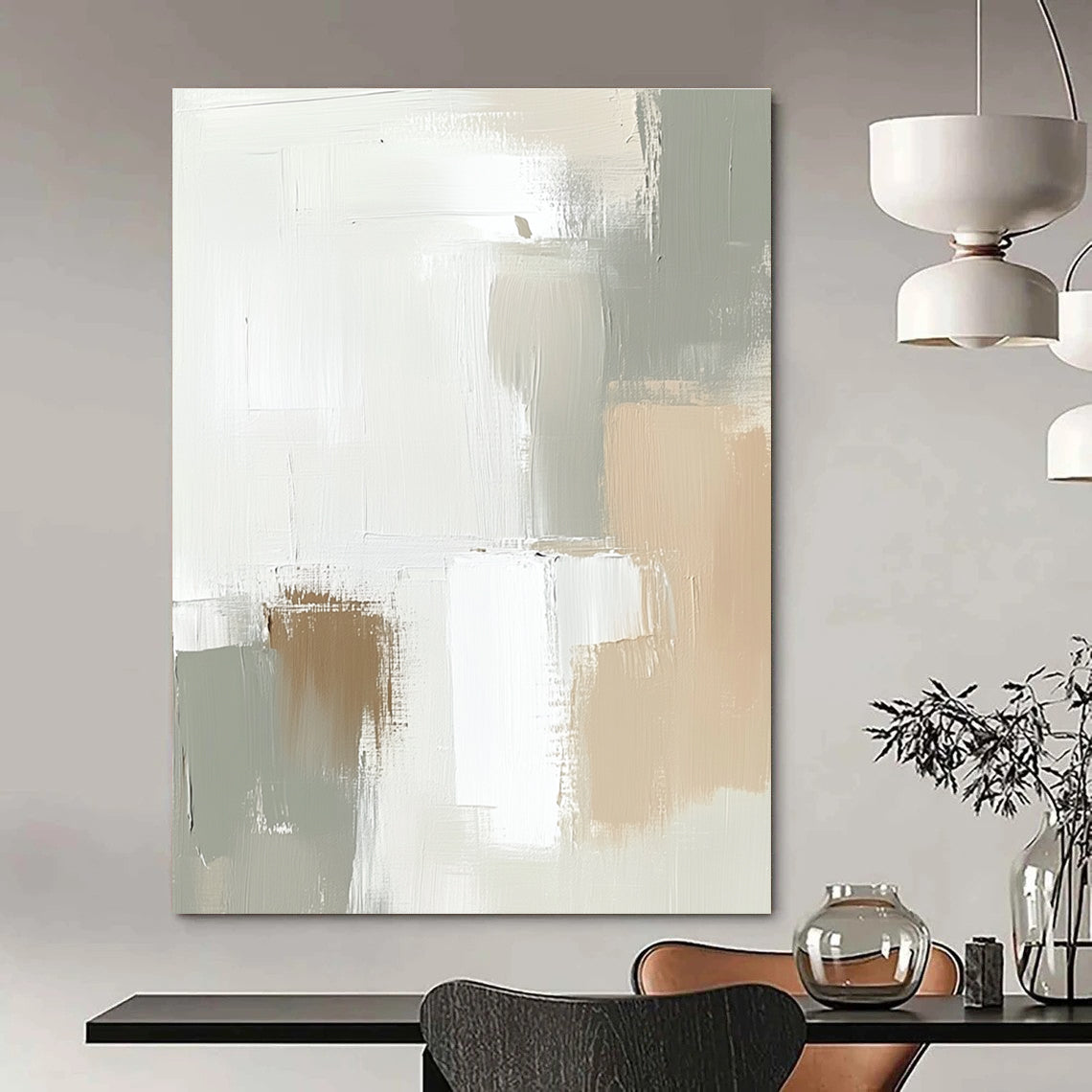 Large abstract painting in soft tones of white and beige featuring soft strokes and neutral shapes that blend harmoniously.STSC379