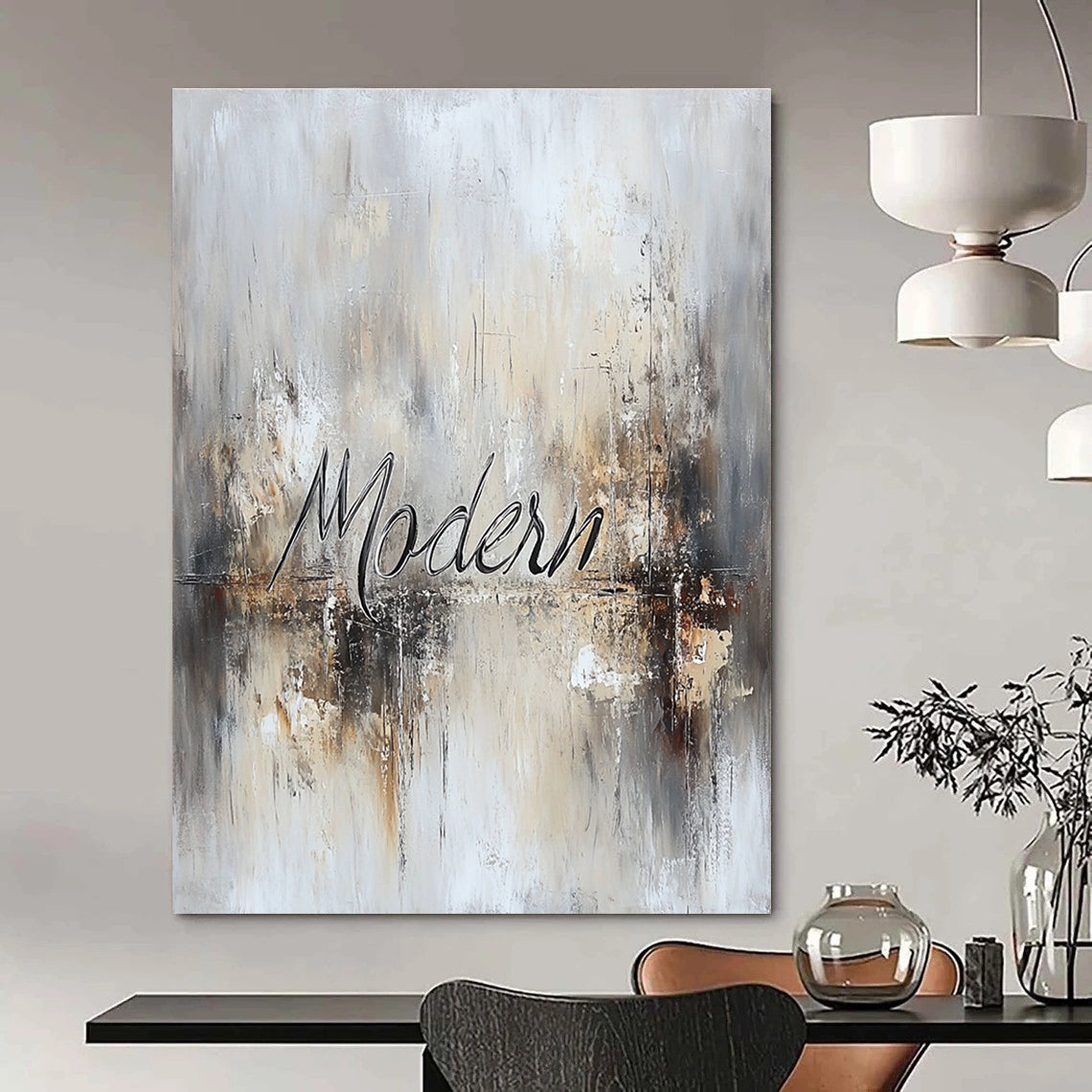 Large abstract painting featuring the word Modern in cursive with muted neutrals and metallic accents for a sophisticated contemporary vibe.STSC816