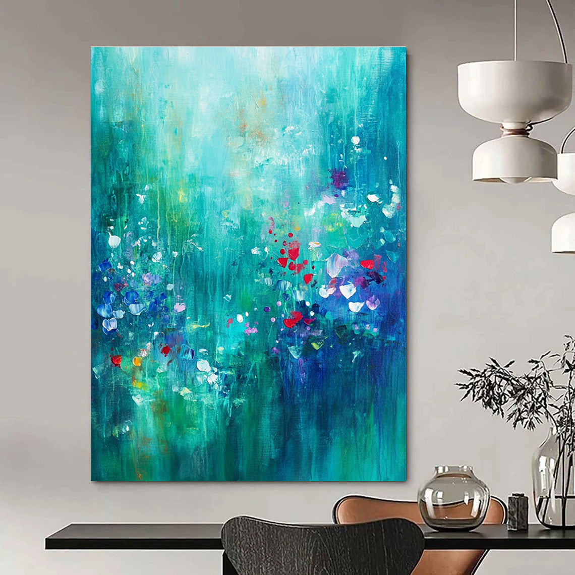 Large abstract painting of an underwater garden in teal and emerald with hints of red and purple evoking serenity and creativity.STSC1021