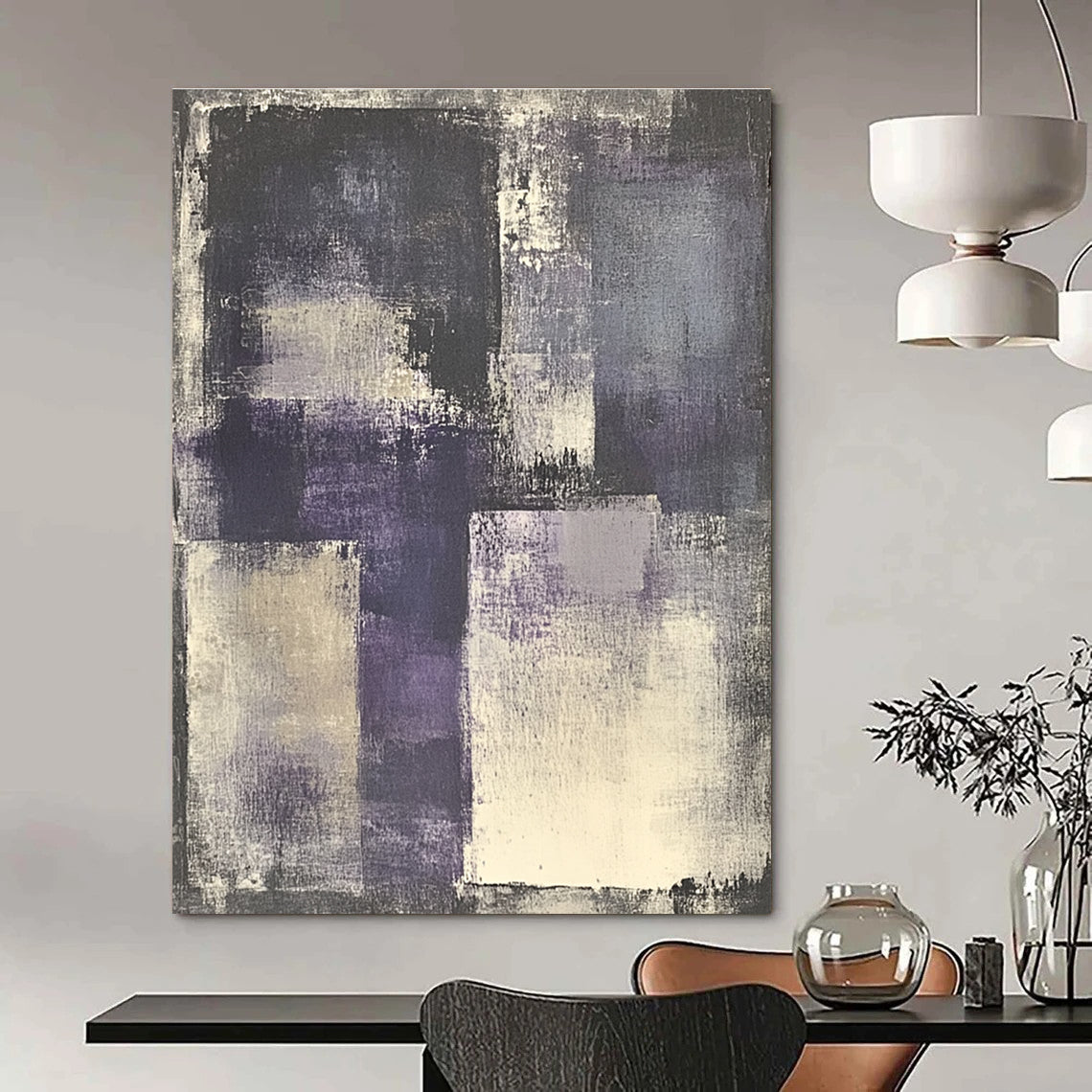 Large abstract painting of gray and purple with white accents featuring a vintage urban landscape and a central figure wearing headphones.STSC682