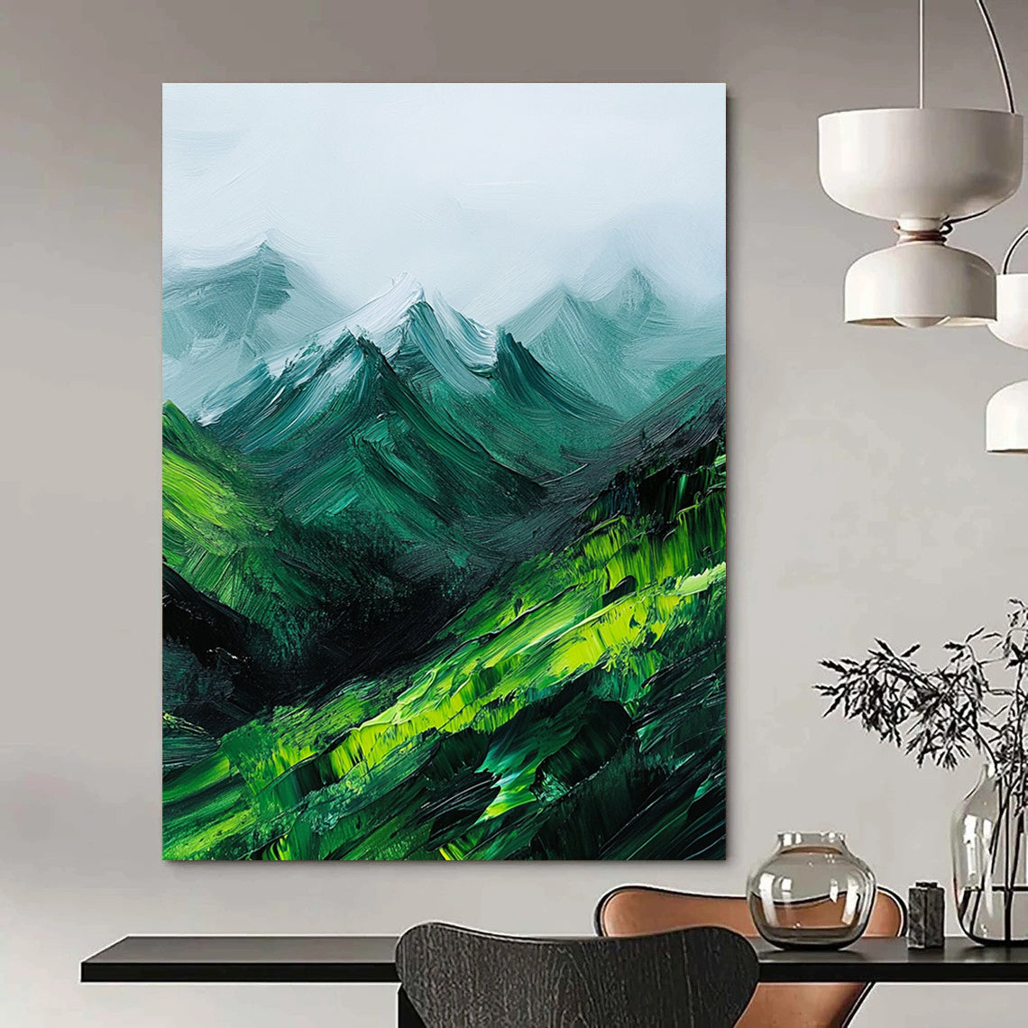 Large abstract oil painting featuring green mountains enveloped in fog with expressive impasto brush strokes.STSC592