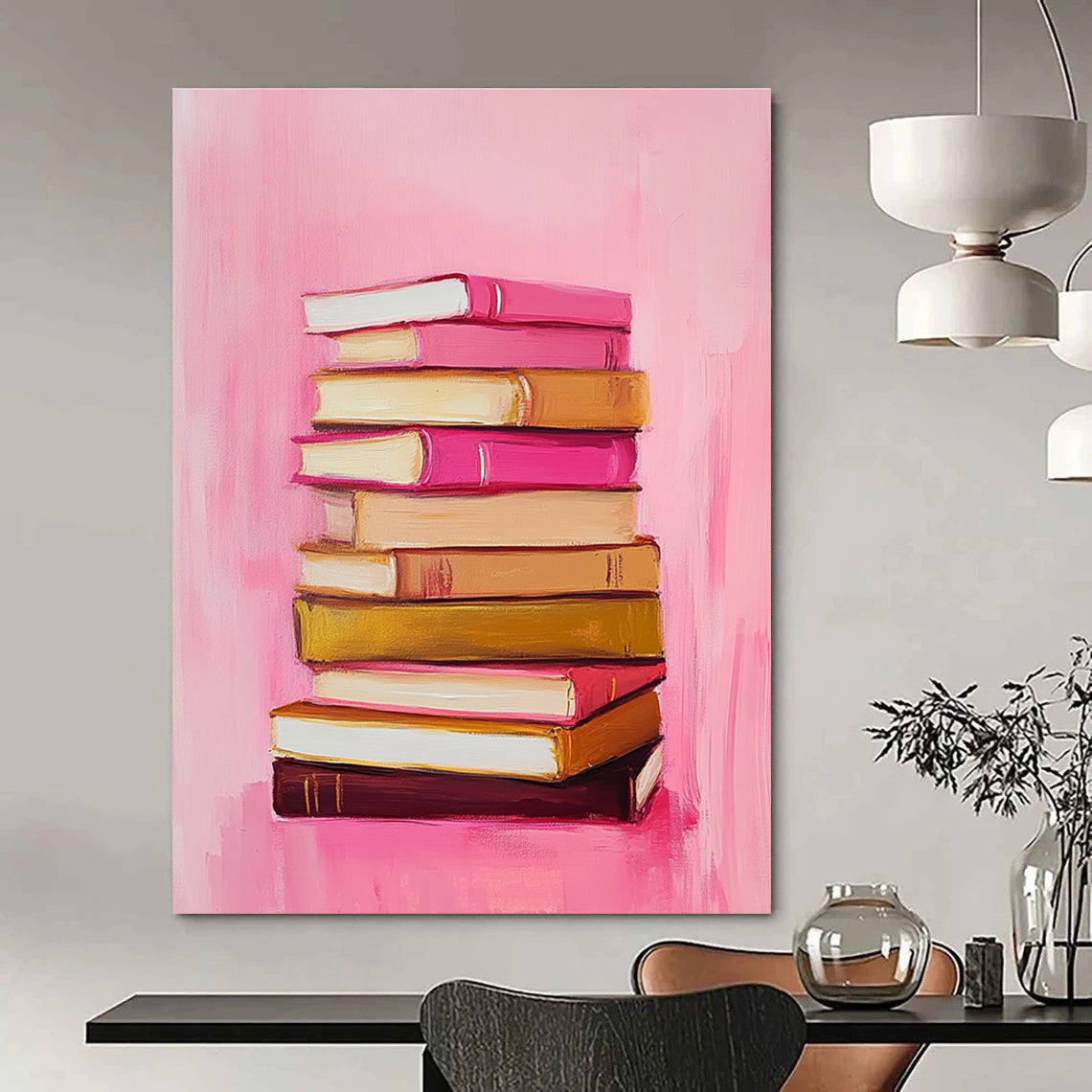 Abstract painting featuring a stack of books on a pink and gold background inspired by Marjolein Bastiaanse minimalist style oil on canvas.STSC1209