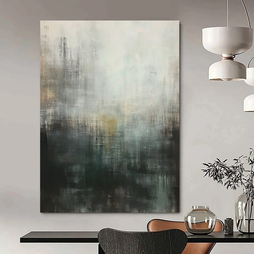 Large abstract painting featuring muted gray tones with hints of green and brown conveying a calm yet melancholic urban landscape.STSC604