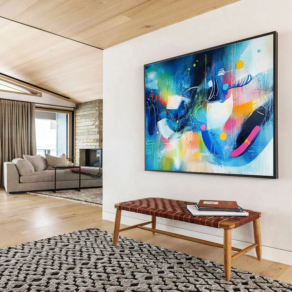 Vibrant abstract painting featuring colorful shapes and lines in shades of blue and green with bright accents, embodying a sense of dynamic movement.SC216