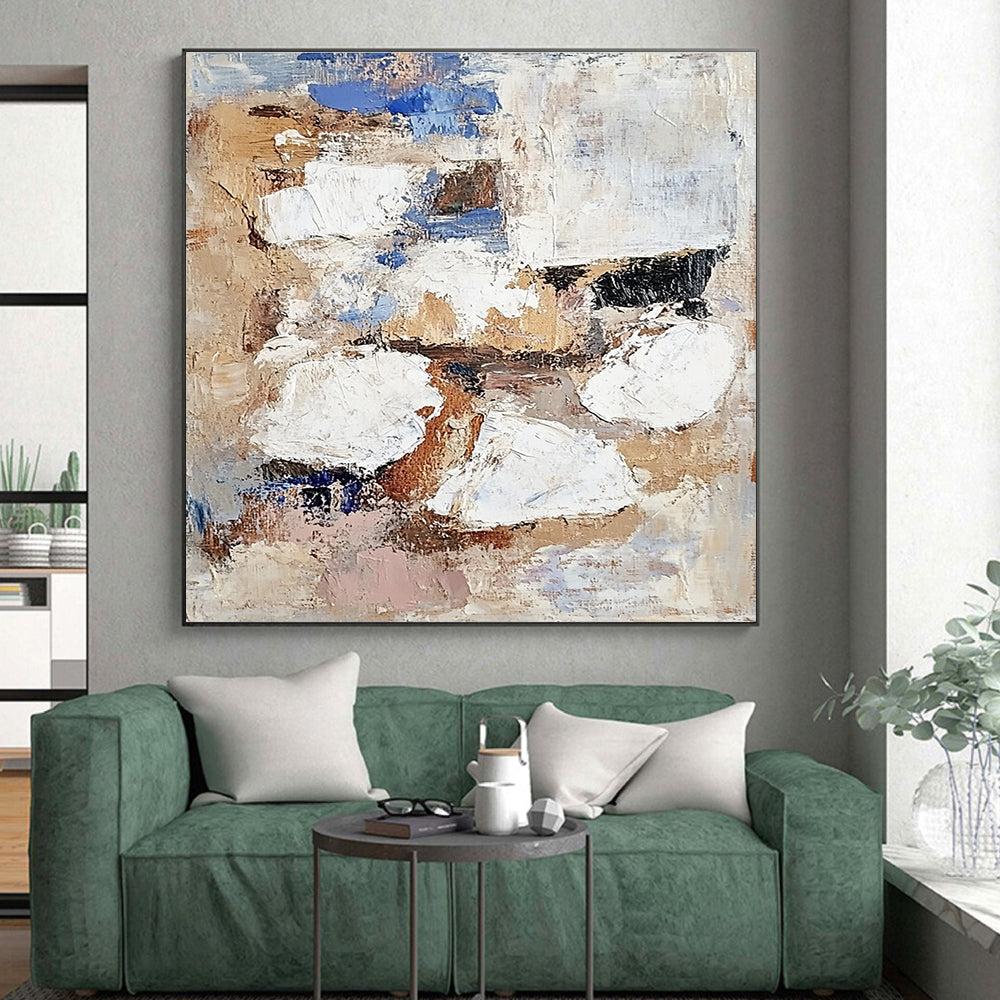 Beige Blue White Abstract Painting with Patchwork Design GER763