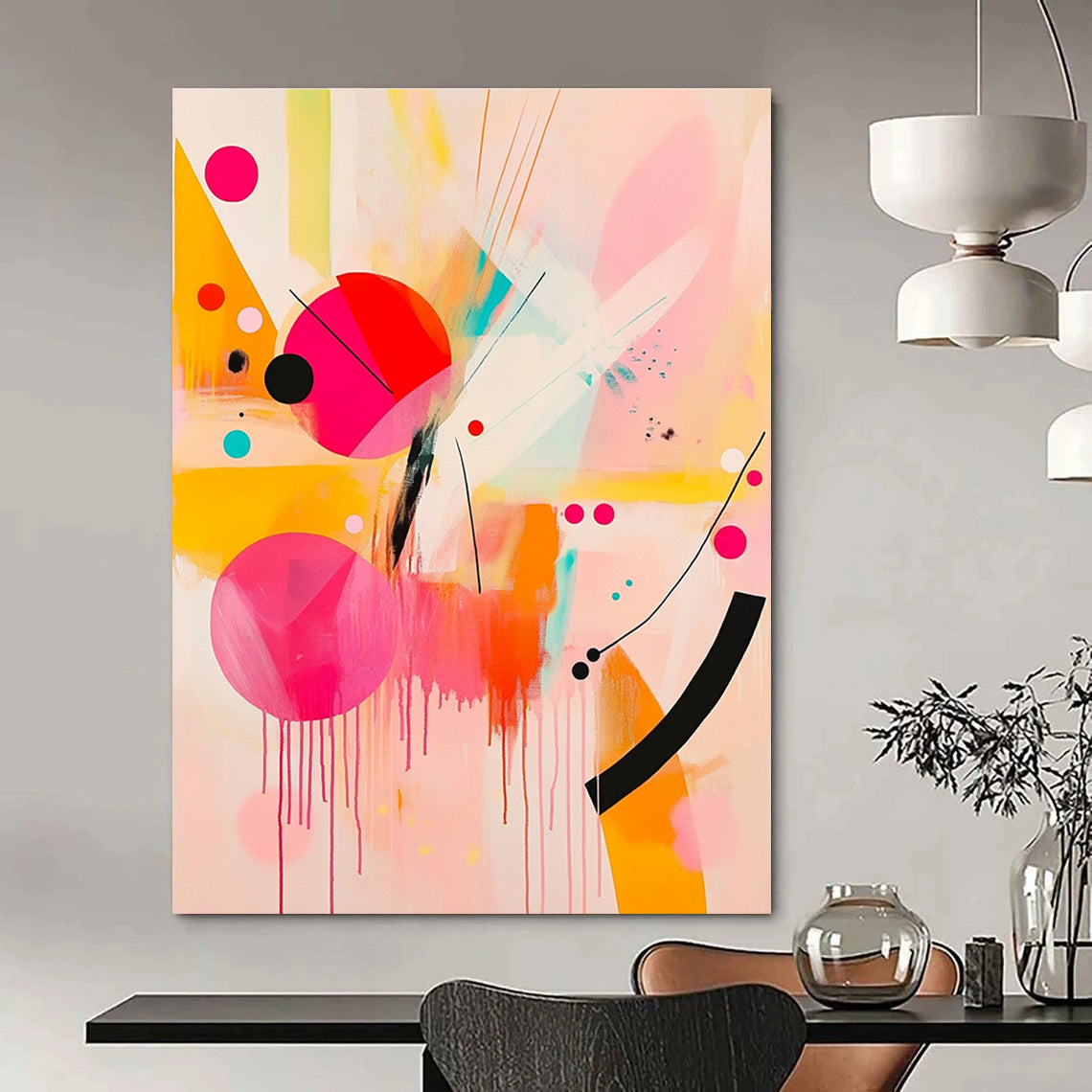 Large abstract painting featuring pink and yellow shapes with black lines and bright orange geometric forms creating a joyful playful composition.STSC790