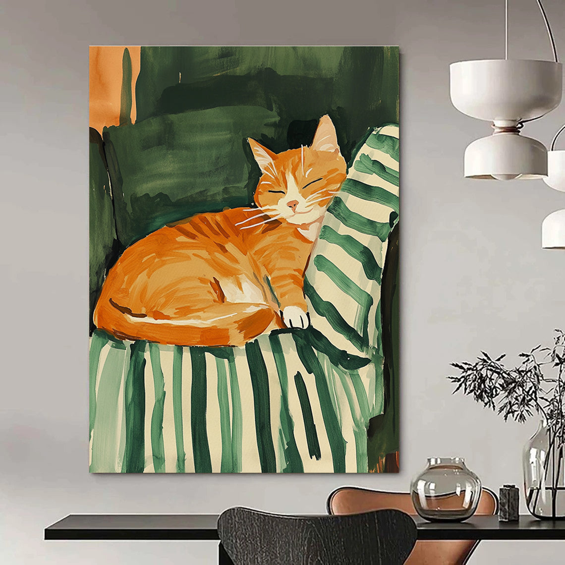 A vibrant abstract gouache painting featuring a joyful orange cat on a striped green blanket, inspired by Maira Kalman's pastel style.STSC1016