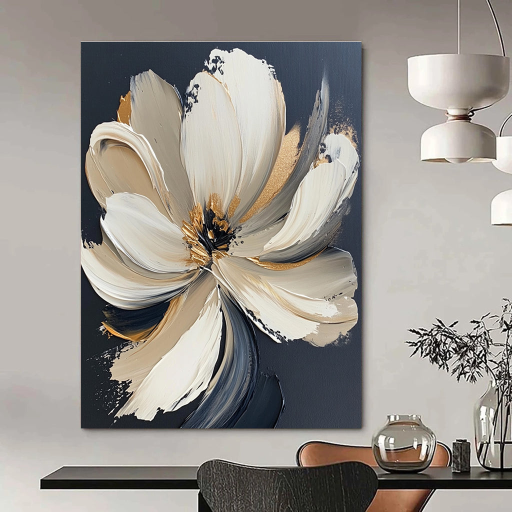 Large Abstract Painting Featuring A White Flower With Gold Accents Bold Brush Strokes And Neutral Colors Set Against A Black Background.STSC293