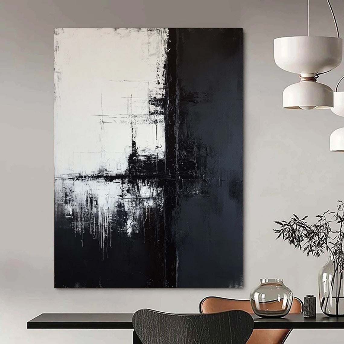 Large abstract painting featuring a tall black telephone pole against a dark gray and white background with textured brushstrokes and a minimalist composition.STSC372