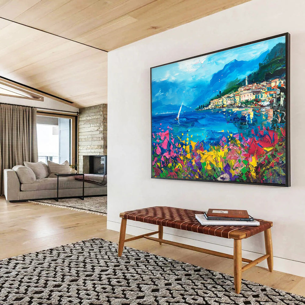 Blue Pink Yellow Coastal Village Abstract Painting THY484